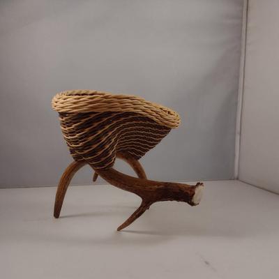 Unique, Hand Made Artisan Woven Basket with Deer Antler Base