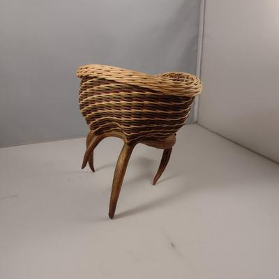 Unique, Hand Made Artisan Woven Basket with Deer Antler Base