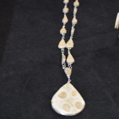 925 Sterling Wrapped Chrysanthemum Coral Necklace and Earrings 20" 31.8g