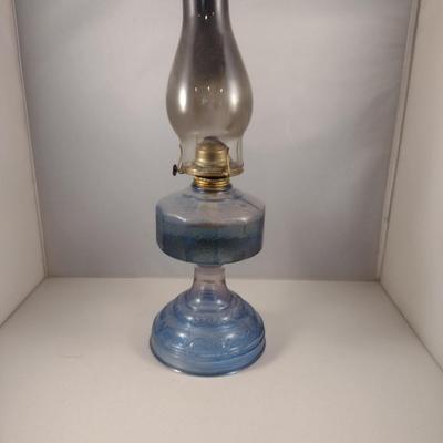 Blue Glass Oil Lamp with Clear Hurricane Shade
