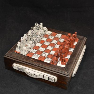 Small Maya-Themed Chess Set/Storage Box 9”x9”x2.25”