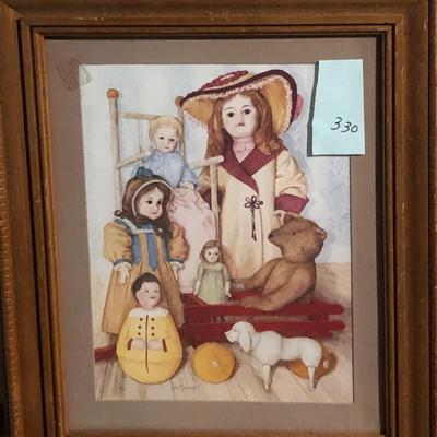Framed Print of Dolls and Toys Portrait, Signed Pat Young