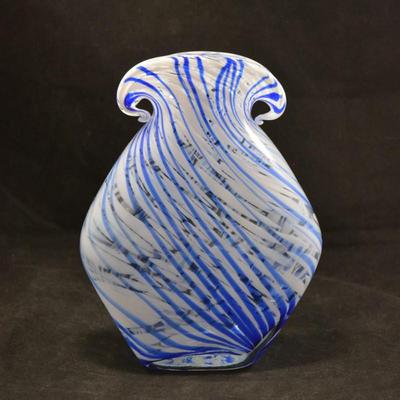 Hand Blown Blue & White Glass Swirl Vase 9.75”x7.5”x3”