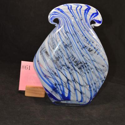 Hand Blown Blue & White Glass Swirl Vase 9.75”x7.5”x3”