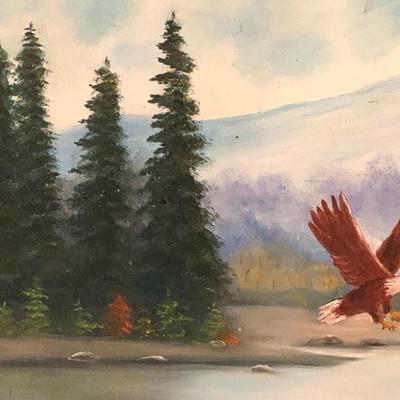 Framed Oil on Canvas Forest and Eagle Landscape, unsigned