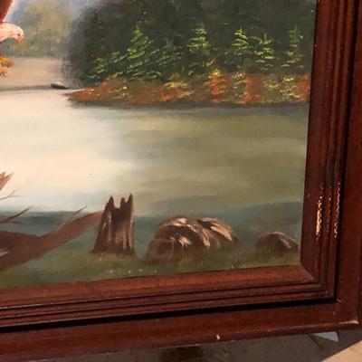 Framed Oil on Canvas Forest and Eagle Landscape, unsigned