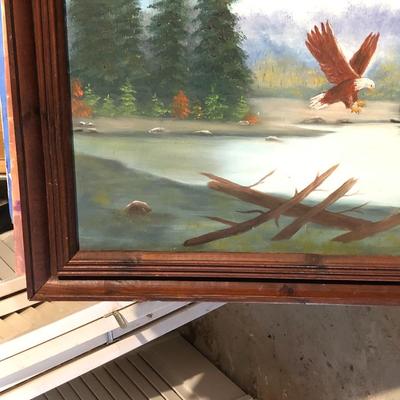 Framed Oil on Canvas Forest and Eagle Landscape, unsigned