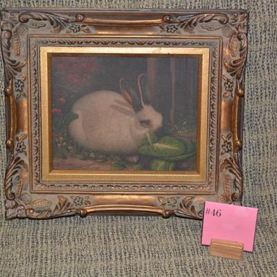 Vintage Rabbit Painting in Ornate Hand Carved Wood Frame 15”x13.5”