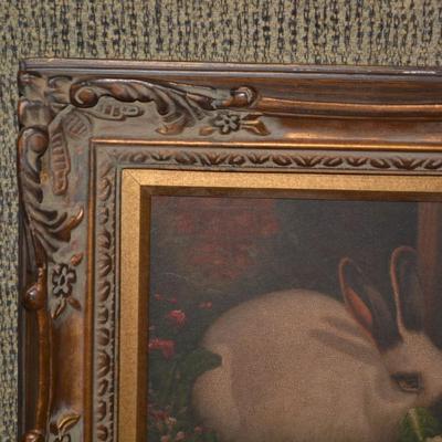 Vintage Rabbit Painting in Ornate Hand Carved Wood Frame 15”x13.5”