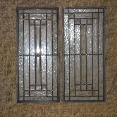 Set of 2 Vintage Leaded Glass Window with Floral Detailing and Prism Effects