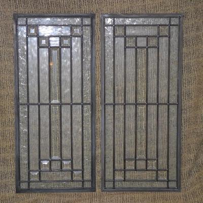Set of 2 Vintage Leaded Glass Window with Floral Detailing and Prism Effects
