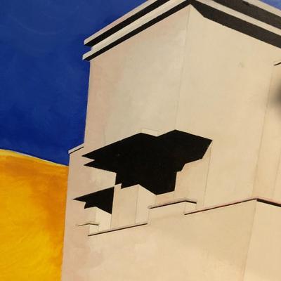 Unframed Abstract Oil on Canvas Painting of a Building, Unsigned