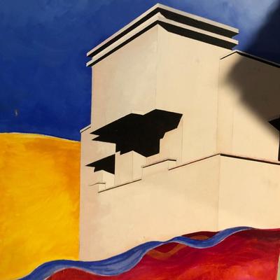 Unframed Abstract Oil on Canvas Painting of a Building, Unsigned