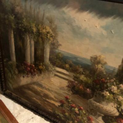 Framed Oil on Canvas Impressionist Style Villa Garden Painting, unsigned.