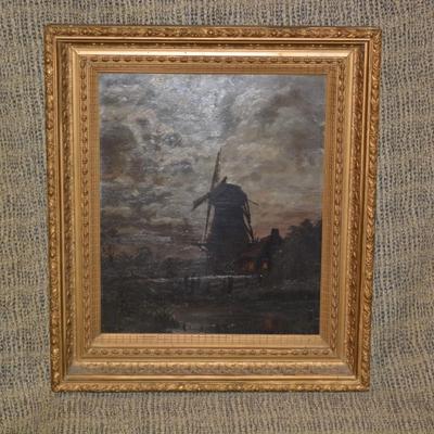 Vintage Moody Windmill Oil Painting in Ornate Gold Tone Frame