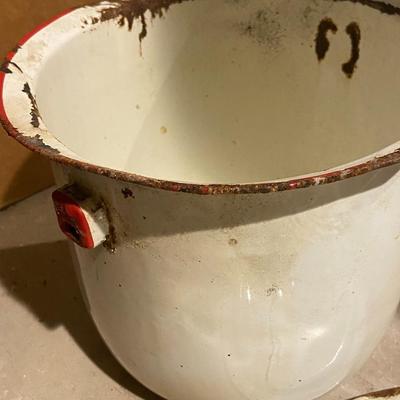 AS IS Vintage White Enamelware Lidded Pot with Red Trim