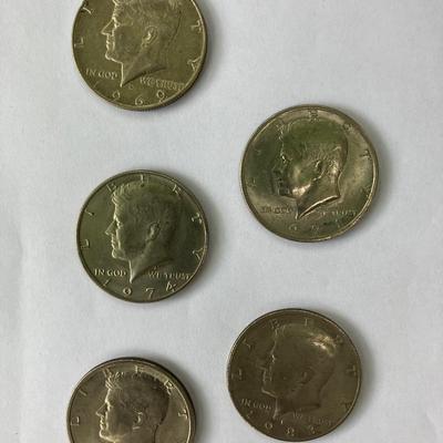 5 Kennedy Half Dollars Lot with 1969-D, 2 x 1971-D, 1974 and 1983-D