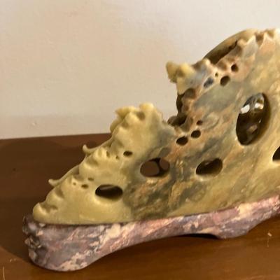 Vintage Chinese Hand Carved Soapstone Sculpture on Stand Grape and Leaf Design 8.5”w x 4.5”h