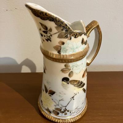 Antique Porcelain Japanese Creamer, Bird-design 5.5”h