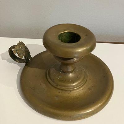 Primitive Brass Candle Stick Holder w Drip Tray & Finger Ring 4.5”w x 2.5”h