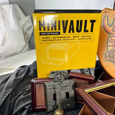 Large vintage brown metal divided box, Mini Vault