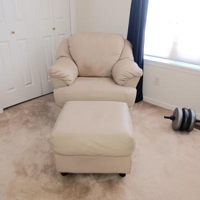 LIGHT TAN COLORED LEATHER? CHAIR W/OTTOMAN