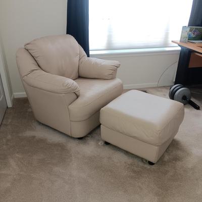 LIGHT TAN COLORED LEATHER? CHAIR W/OTTOMAN