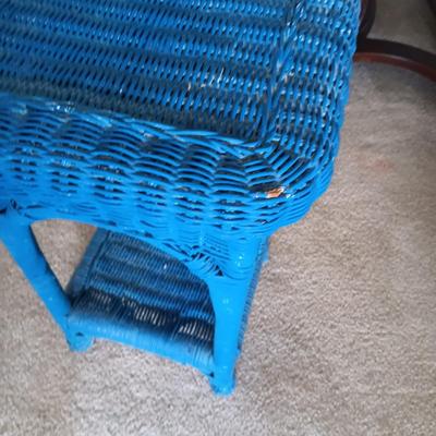 SMALL SIDE TABLE WITH DRAWER, WICKER STAND AND MISC DECOR
