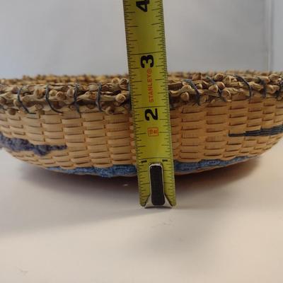 Unique, Hand Woven, Artisan Created Basket with Cherry Wood Base and Scrimshaw and Natural Fiber Accents