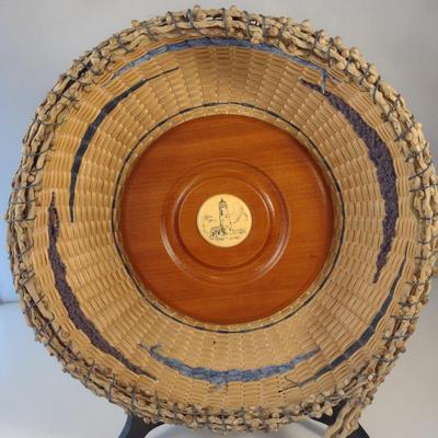 Unique, Hand Woven, Artisan Created Basket with Cherry Wood Base and Scrimshaw and Natural Fiber Accents