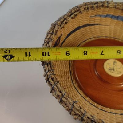 Unique, Hand Woven, Artisan Created Basket with Cherry Wood Base and Scrimshaw and Natural Fiber Accents