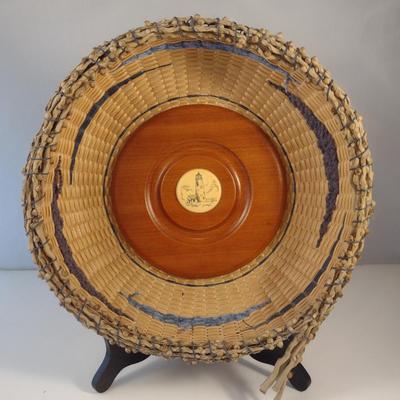 Unique, Hand Woven, Artisan Created Basket with Cherry Wood Base and Scrimshaw and Natural Fiber Accents