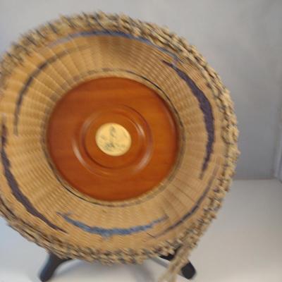 Unique, Hand Woven, Artisan Created Basket with Cherry Wood Base and Scrimshaw and Natural Fiber Accents