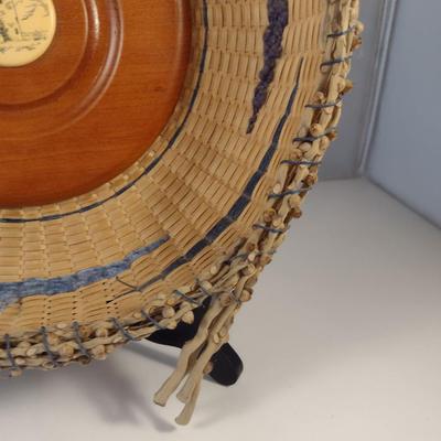 Unique, Hand Woven, Artisan Created Basket with Cherry Wood Base and Scrimshaw and Natural Fiber Accents