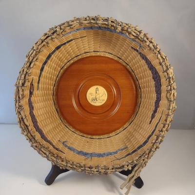 Unique, Hand Woven, Artisan Created Basket with Cherry Wood Base and Scrimshaw and Natural Fiber Accents