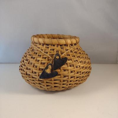 Unique, Hand Woven, Artisan Created Basket with Decorative Carved Wood Base and Heart Accents