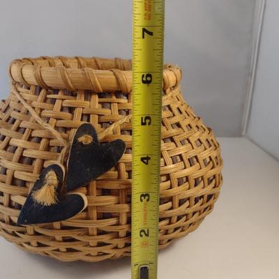 Unique, Hand Woven, Artisan Created Basket with Decorative Carved Wood Base and Heart Accents