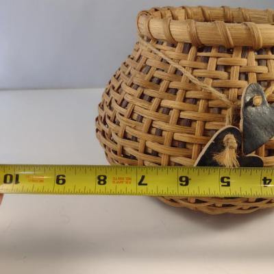 Unique, Hand Woven, Artisan Created Basket with Decorative Carved Wood Base and Heart Accents