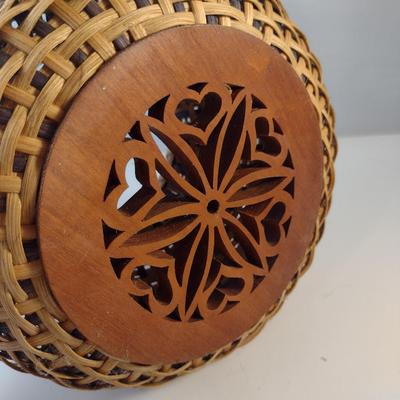 Unique, Hand Woven, Artisan Created Basket with Decorative Carved Wood Base and Heart Accents