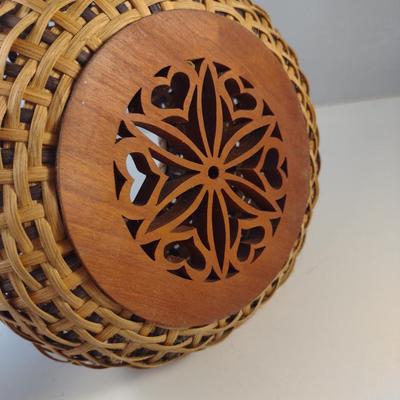 Unique, Hand Woven, Artisan Created Basket with Decorative Carved Wood Base and Heart Accents