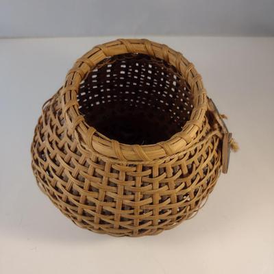 Unique, Hand Woven, Artisan Created Basket with Decorative Carved Wood Base and Heart Accents
