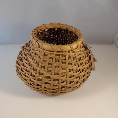 Unique, Hand Woven, Artisan Created Basket with Decorative Carved Wood Base and Heart Accents