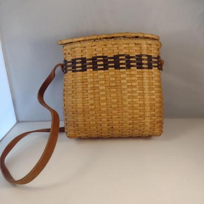 Hand Woven, Artisan Created Purse Style Basket with Lid and Leather Strap