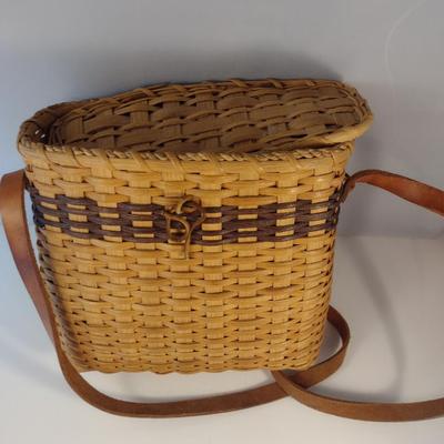 Hand Woven, Artisan Created Purse Style Basket with Lid and Leather Strap