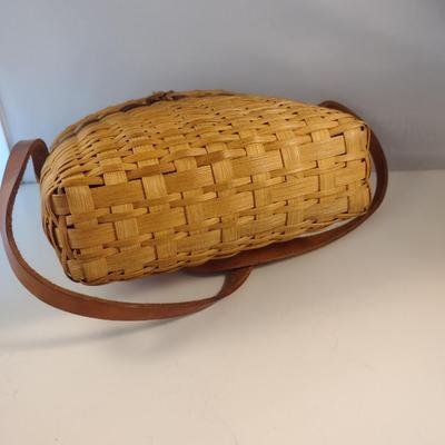Hand Woven, Artisan Created Purse Style Basket with Lid and Leather Strap