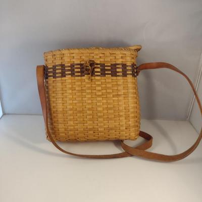 Hand Woven, Artisan Created Purse Style Basket with Lid and Leather Strap