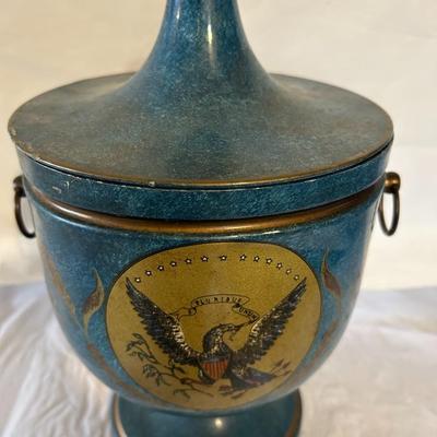 Vintage Blue with Gold Trim Tole Urn Lion Handles Hand Painted ITALY