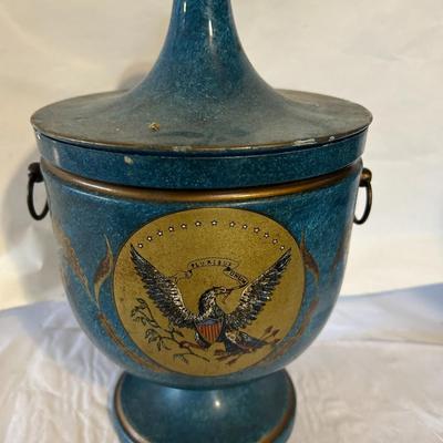 Vintage Blue with Gold Trim Tole Urn Lion Handles Hand Painted ITALY