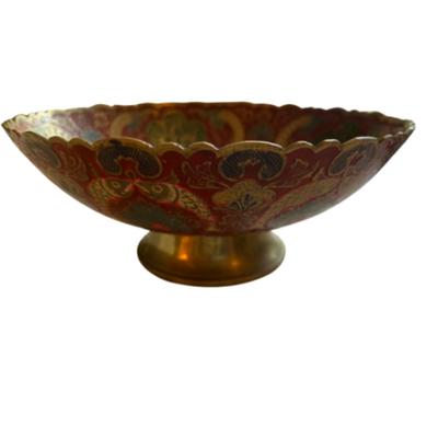 Vintage 1960s Brass Embossed Bowl Brass Bowl with Scalloped Edge Flowers & Peacock