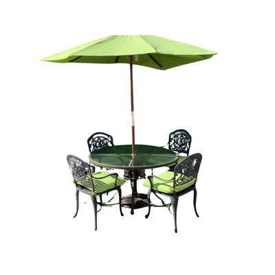 181 Cast Aluminum Outdoor Glass Top Table w/ Matching Chairs and Umbrella